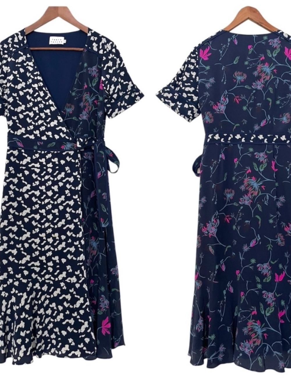 Tanya Taylor Silk Wrap Dress Size 8 Navy Mixed Print Floral Midi Ruffle Hem